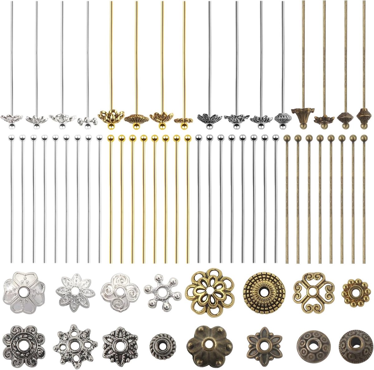 128 stuks Klinknagels Kogelkop Naalden 50 mm 4 Kleuren Messing Kogelkopstift Hoofdspelden met 16 stijlen afstandsparels voor Oorringen Halskettingen Hangers Sieraden Maken