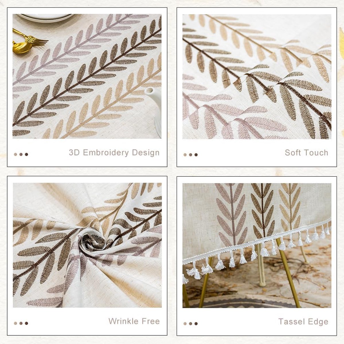 Katoenen tafelkleed, rechthoekig, wasbaar tafelkleed, anti-rimpel, kwastjes, tafelkleed, tafelkleed, tassen, korte mouwen, voor keuken, eetkamer, buiten, tuintafel (beige, 140 x 18