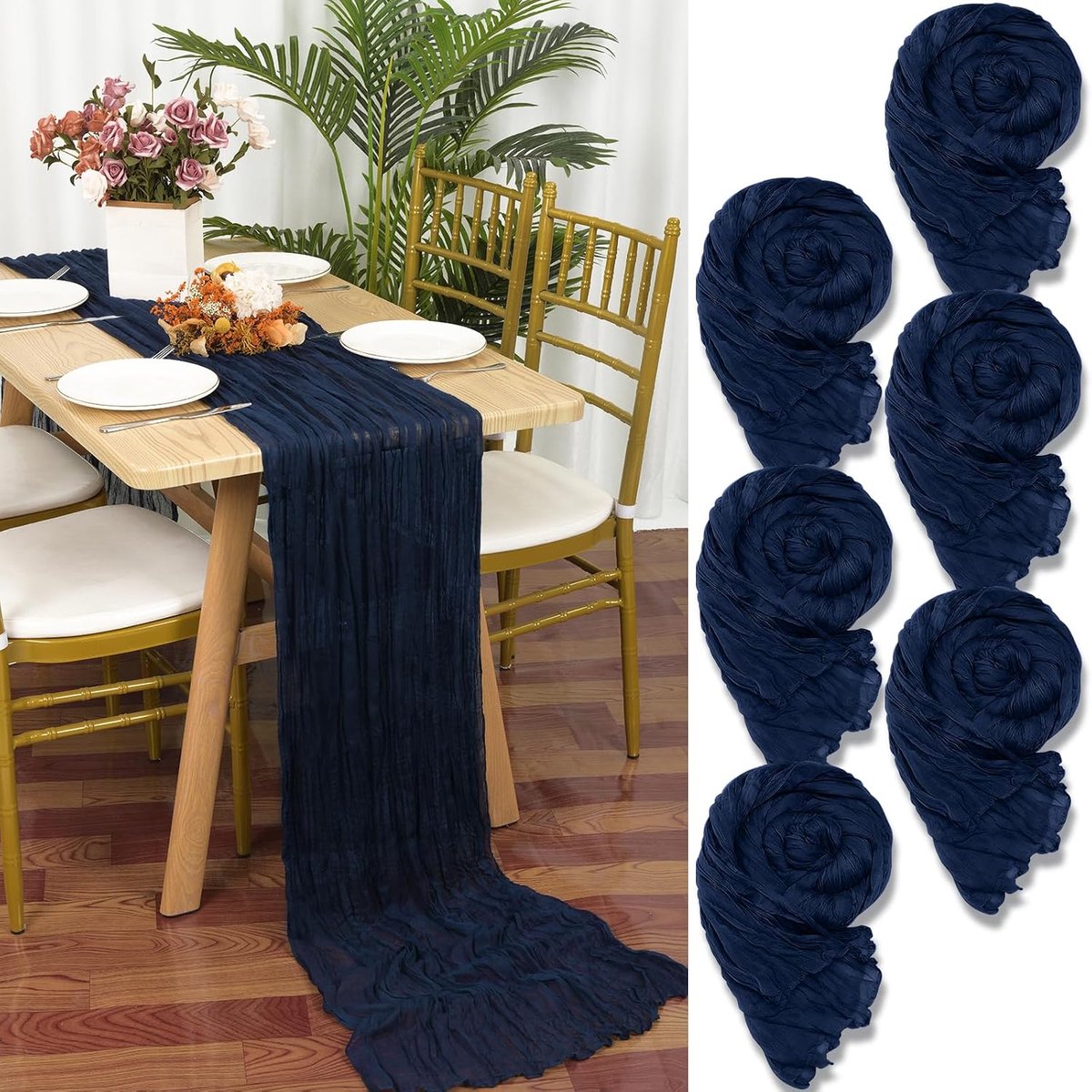 6 stuks zeepdoeken, tafelloper, marineblauw, 55 x 300 cm, donkerblauw, mesh, boho, tafelloper, kaasdoek, cheesecloth, bruiloft, tafelkleed voor bruiloftsfeest, bruidsfeest, tafeldecoratie