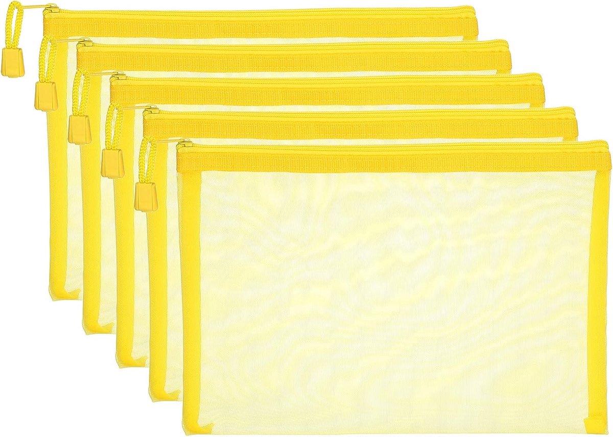 A5 Mesh Rits Pouch Tassen, 5 STKS Mesh Zakken met Rits Plastic Opbergzak voor het Organiseren van Bestandskralen Kantoor Huisbenodigdheden, 18x25cm, Geel