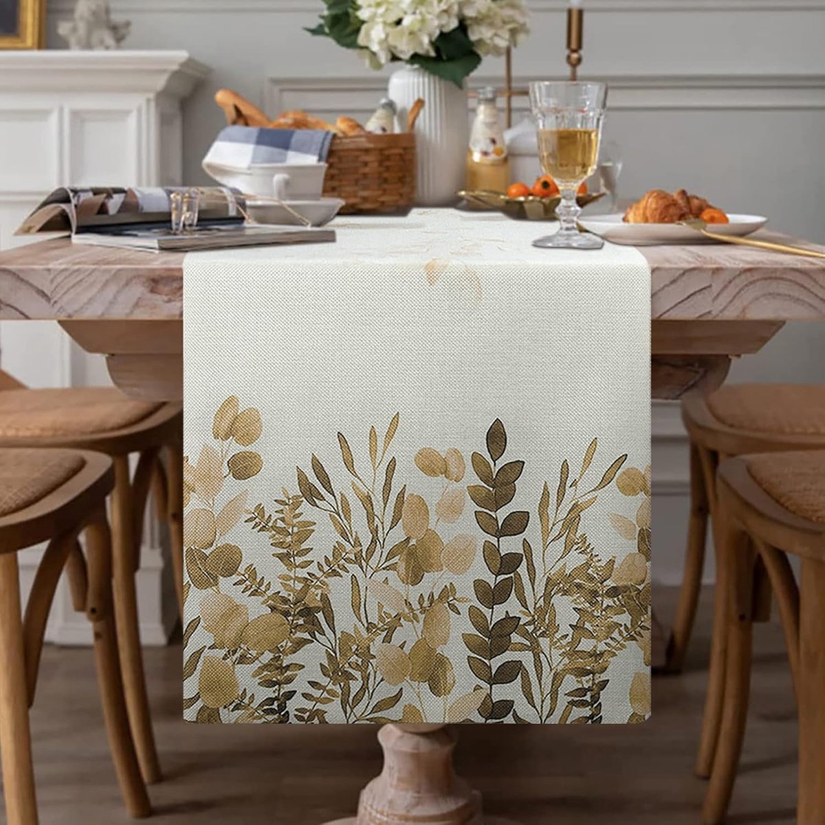 Tafelloper, linnen, geel, eucalyptusbruin, tafelkleed, decoratie, loper, tafelband, antislip, voor binnen en buiten, vakantie, feest, woonkamer, rustieke vintage boerderij, eettafel, decoratie, 33 x 183 cm
