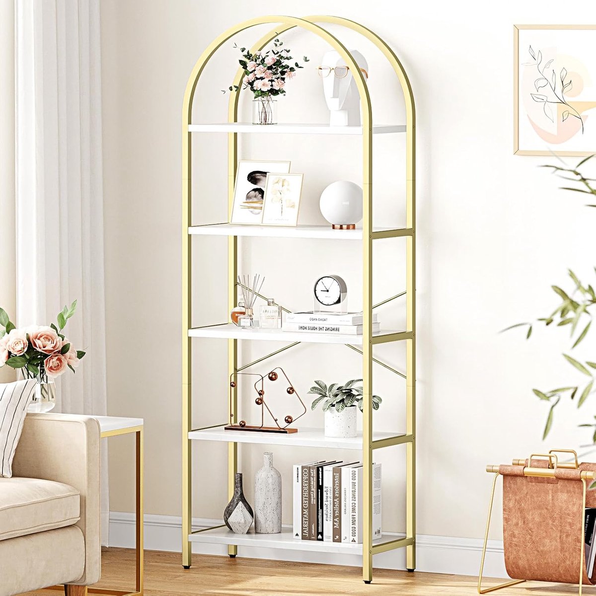 180 cm hoge gebogen boekenkast met 5 planken, moderne vrijstaande open etagère met metalen frame en opbergruimte, smalle showplanken voor thuiskantoor, woonkamer en slaapkamer