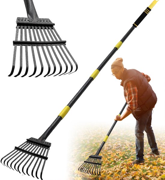 Bladhark - Gazonhark - Onkruidhark - 11 Tanden - Roestvrij Staal - Verstelbaar 86-185 cm - Tuin & Erf - Voor Bladeren en Onkruid — afbeelding 4