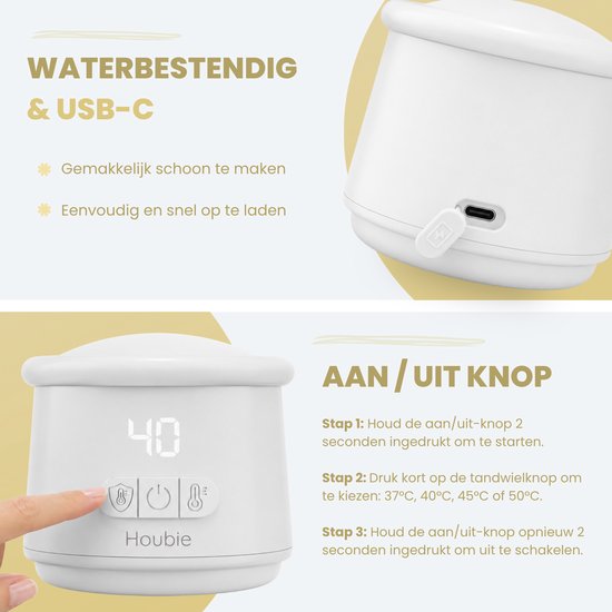 HOUBIE® - Flessenwarmer - Draagbare Baby Flessenwarmer voor onderweg - Flesverwarmer - 4 Temperatuurniveaus - Draadloos - Inclusief 4 Adapters - USB Oplaadbaar - 9000 mAh - Wit van HOUBIE — afbeelding 2