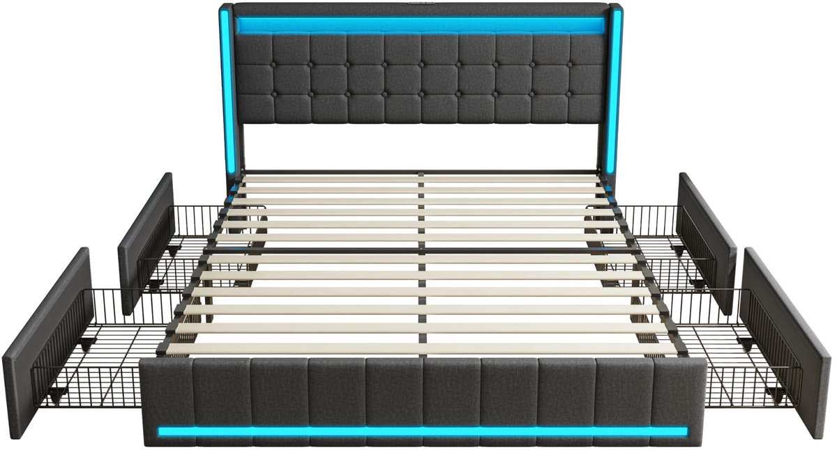Gestoffeerd Bed 140 X 190 Cm Donkergrijs - met LED Verlichting, Opberglades, Opbergruimte, Lades