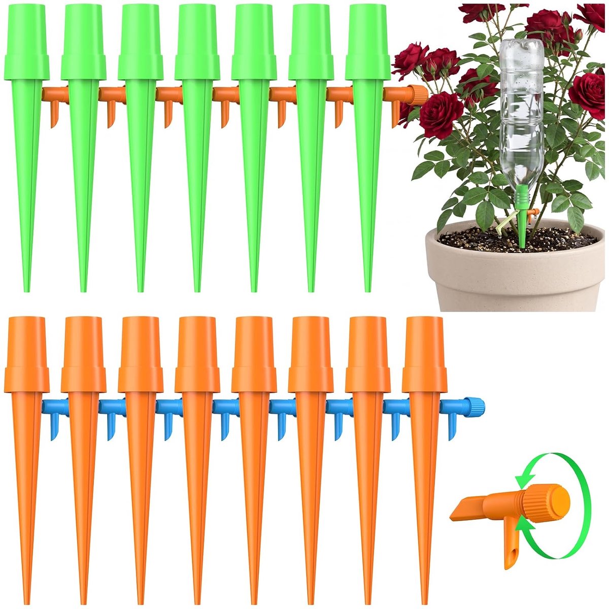 bewatering, automatische bewatering binnenshuis, 15 delig bewateringssysteem set voor tuin, balkon en kamerplanten, ideaal voor vakantie & tijdbesparing (koraaloranje en groentinten)