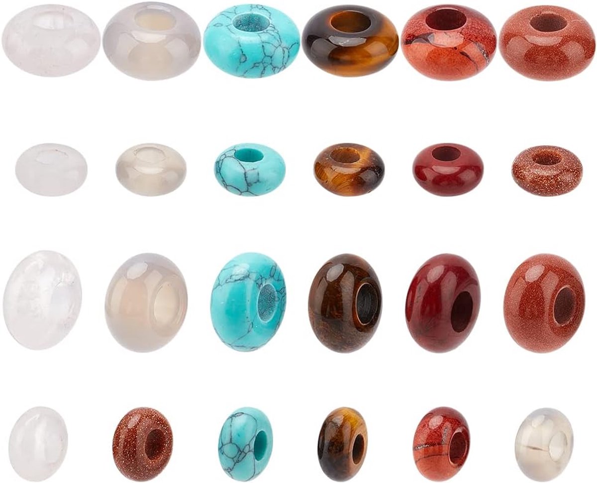 24 stuks 6 stijlen edelsteen Europese kralen, 2 maten groot gat gevlochten haar kralen rondelle synthetische edelsteen kralen kettingen spacer kralen bedels voor armband sieraden maken