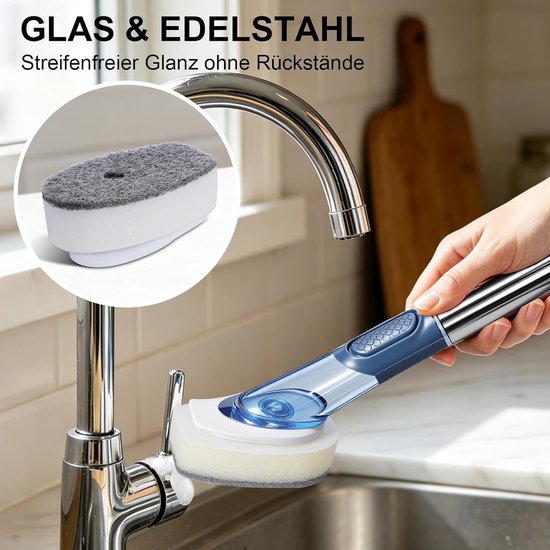 Afwasborstel met afwasmiddeldispenser, keukenborstel met ergonomische lange handgreep, 4 hoogwaardige verwisselbare koppen (nylon, siliconen, spons), afwasborstel voor spoelreiniging, pan — afbeelding 5