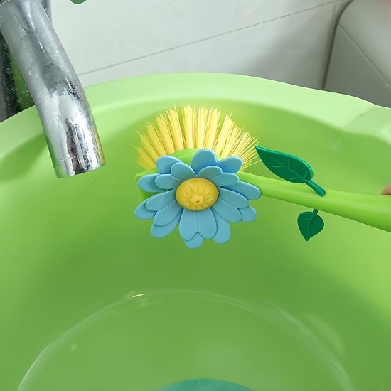 Afwasborstelset in bloemenvorm, met handvat en standaard, zacht voor pannen met antiaanbaklaag, potten en wastafels (groen-blauw-combi) — afbeelding 2