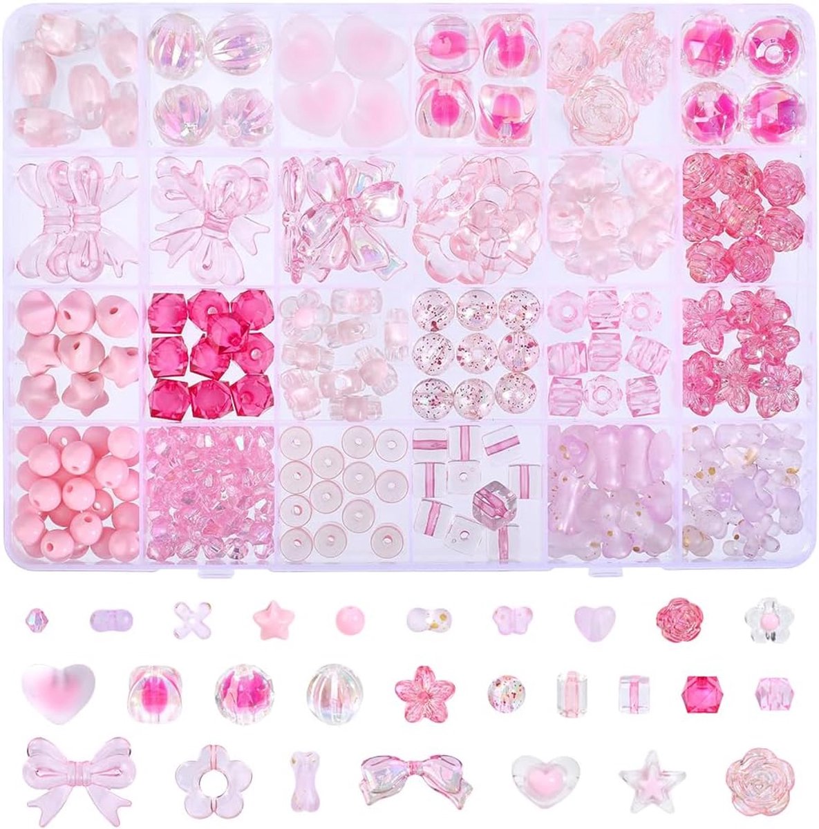 1 doos met 27 verschillende designs, 264 stuks, roze acrylkralen met gat, schattige ronde Floridn hartjes, strikken, vlinders, Kawaii hanger, afstandhouders, losse kralen in grote