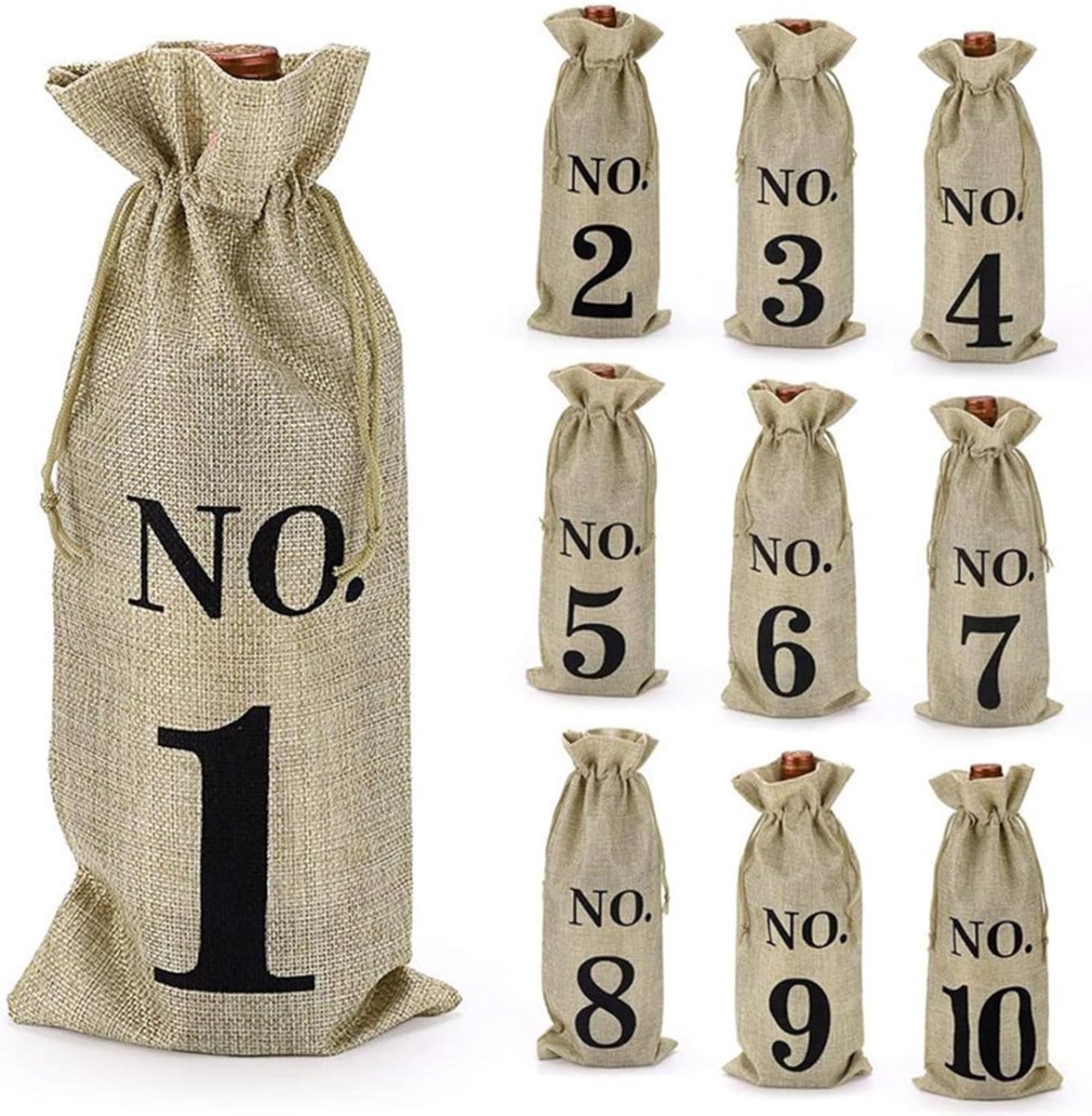 10 Stuks Jute Wijnzakken met Nummers 1-10, Herbruikbare Wijnfles Cadeauzakjes met Trekkoord, Fleszakken voor Wijncadeau, Kerst, Verjaardag, Bruiloft en Feest