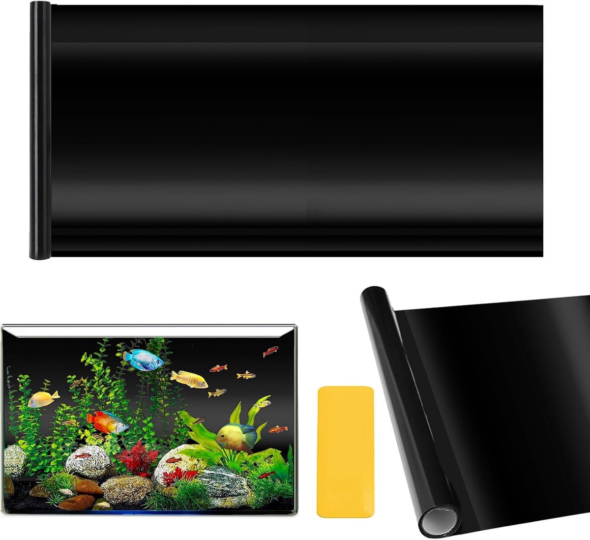 hechtende aquariumachtergrond, 40 x 400 cm, aquariumfolie, achterwand, zwarte aquariumfolie met lijm, zelfklevende achtergrond voor aquaria, terrarium (met schraper)