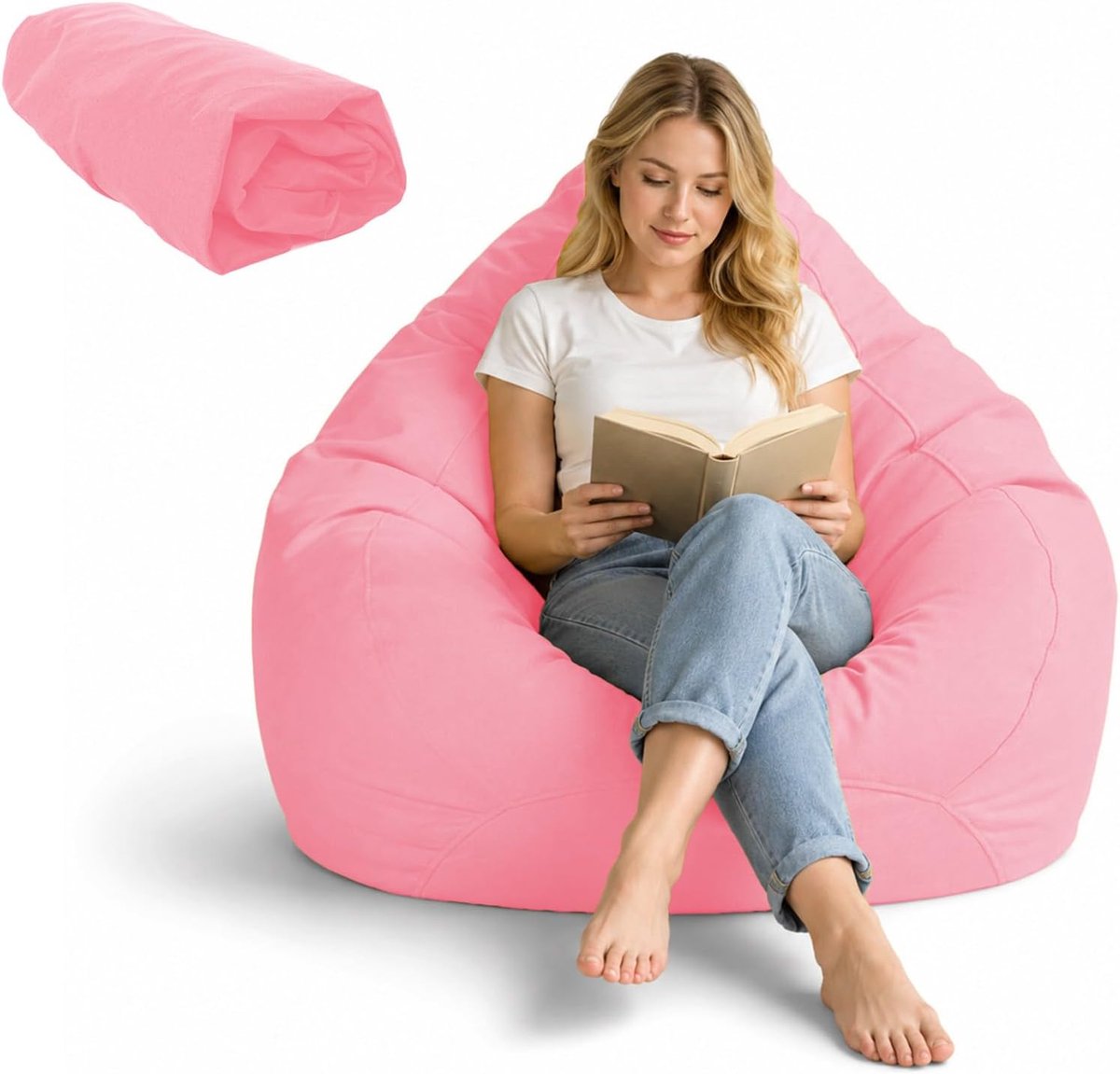 poefhoes voor volwassenen (alleen hoes, zonder vulling), met zijvakken, om knuffels in op te bergen, voor de slaapkamer, het kantoor, de woonkamer, 100 x 120 cm(Roze)