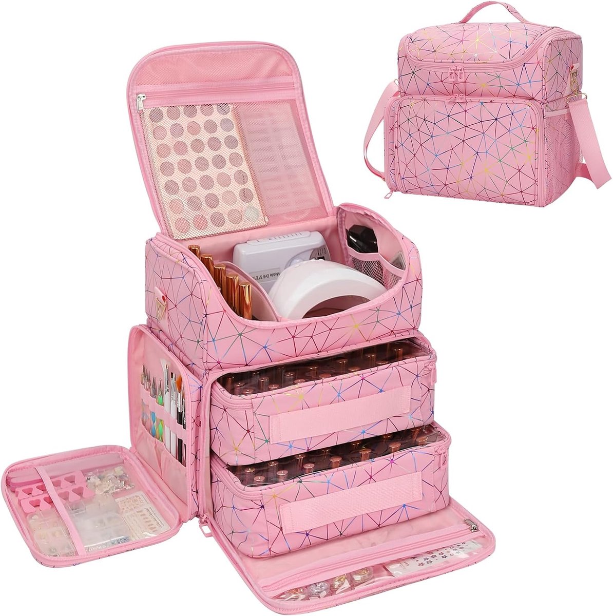 Nagelkoffer met extra grote capaciteit, nagellakkoffer voor 86 tot 100+ flessen en nagellamp, dubbellaags design, nageldesign, koffer met 2 opbergzakken, Roze driehoek, 86 Flaschen, Extra grote