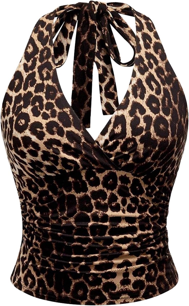 tanktop met luipaardprint festival party Y2K top sexy kanten tops V-hals bruin