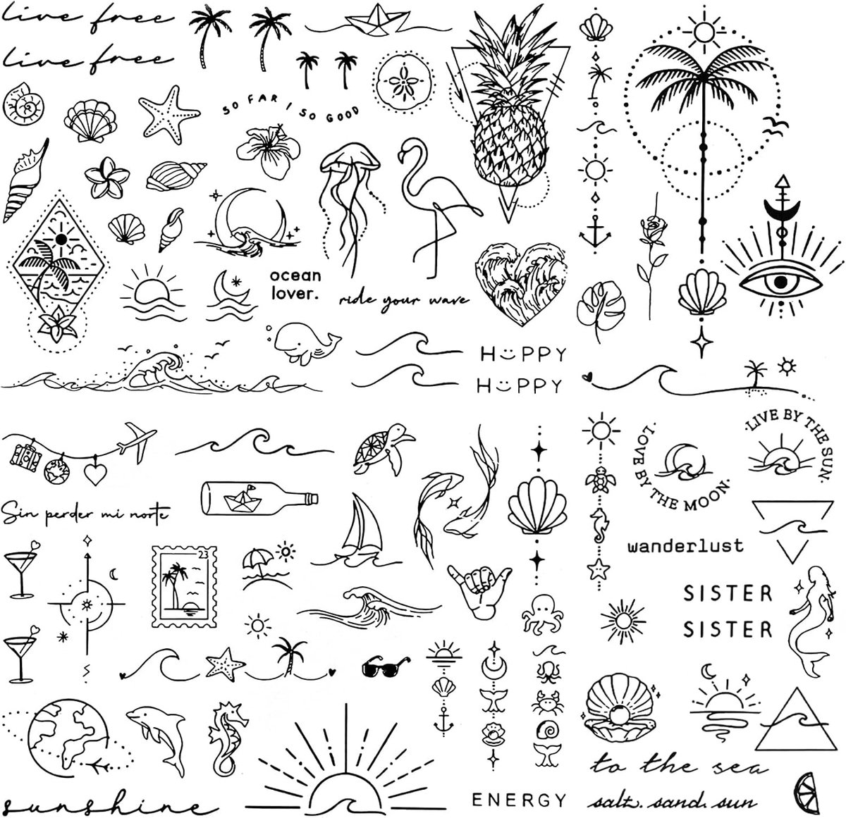 Tijdelijke tatoeages, nep-tatoeages, voor volwassenen, 2 weken, waterdichte tatoeages om op te plakken, voor feestdagen, zomerfeesten en strandvakanties (zwart)