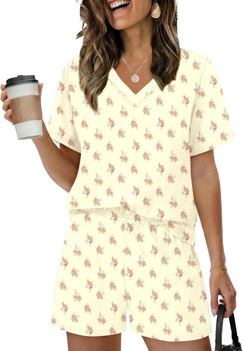 Pyjama voor dames korte mouwen pyjama leuke pyjama set V-hals loungewear sets voor vrouwen pyjama shorts tweedelige nachtkleding nachtkleding zachte kleding