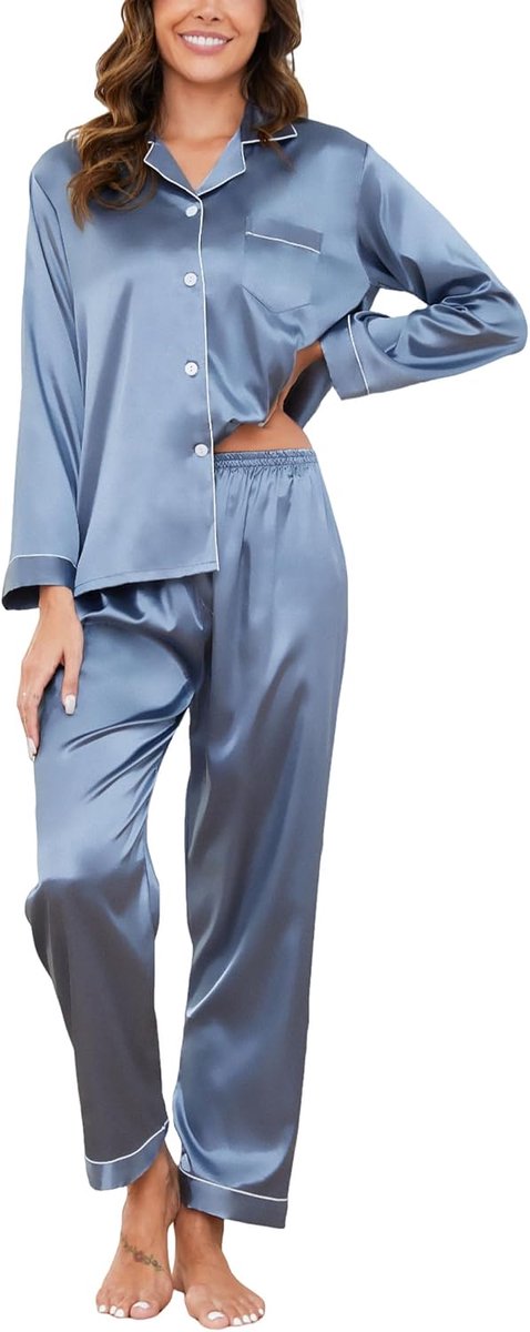 Pyjama Dames Satijnen Pyjama Set met knoopsluiting, Tweedelige Zijden Pyjama Voor Dames, V-hals Zachte Zijden Pyjama Nachtkleding, Loungewear Voor Alle Seizoenen