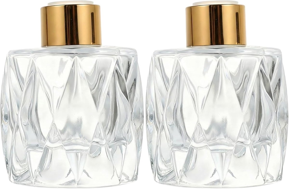 2 STKS 50ml/1.7oz Lege Clear Glass Diffuser Fles Diffuser Jar met Gouden Cap Essentiële Olie Container Geuraccessoires Gebruik voor DIY Vervanging Reed Diffuser Set voor Home Office (Prismatisch)