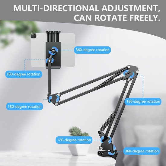 tablethouder voor bed, 360° draaibare telefoonhouder, verstelbare klemhouder, universele houder voor tablets en telefoons van 4-13 inch, hoofdbord bureauhouder — afbeelding 2