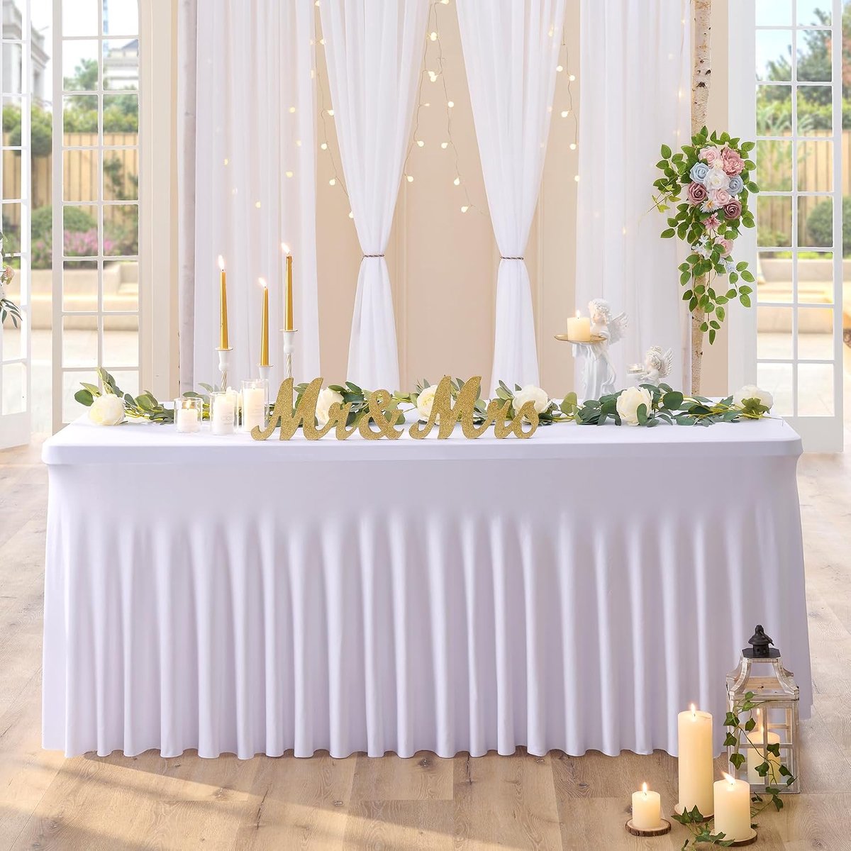 1-pack wit spandex tafelkleed voor 180 cm rechthoekige tafels, kreukvrije stretch tafelkleed met rok voor banket feest bruiloft verjaardag vergadering display dekoration tafelklede