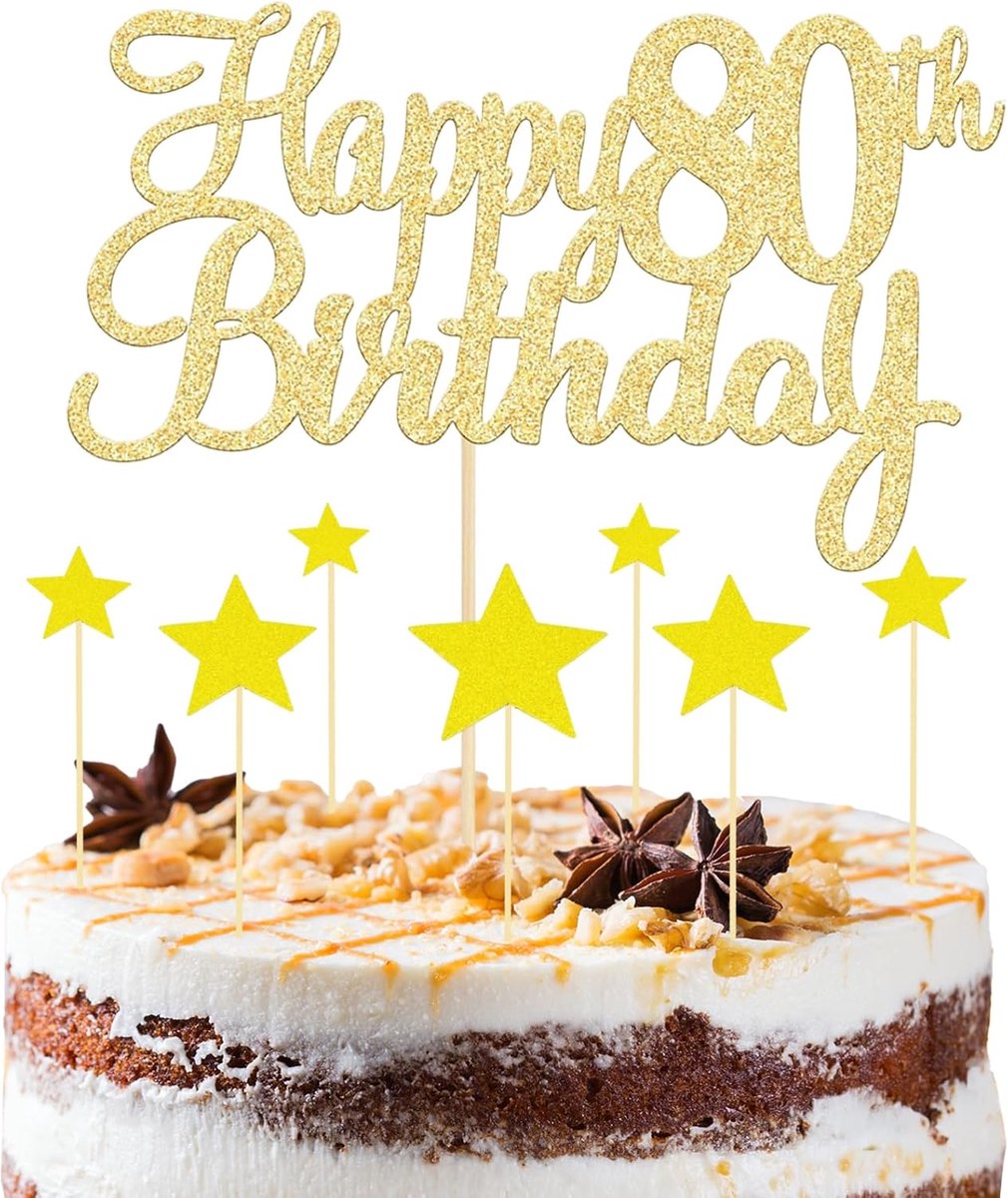 8 stuks gouden Happy 80e verjaardag taarttopper, 1 Happy 80e verjaardag topper en 7 sterren cupcake toppers, glitter 80e taart topper voor 80e verjaardag verjaardag feestbenodigdheden