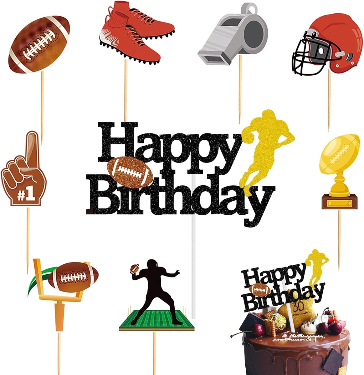 Football Taartdecoratie voor verjaardag jongens 9 stuks taarttoppers rugby voetbal-taartdecoratie glitter American Football-thema cupcake-topper voor taart voor een