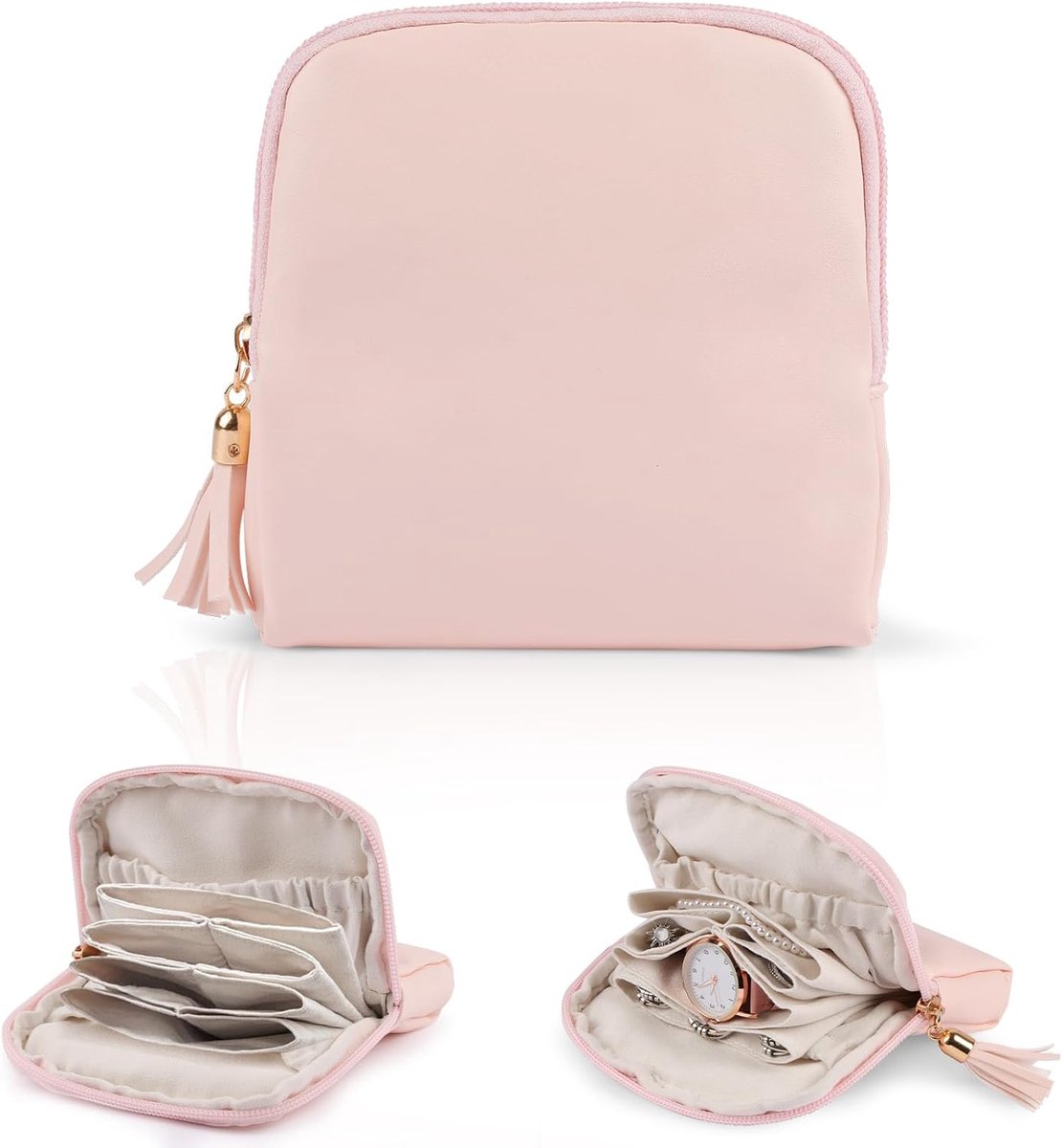 sieradenopbergtas voor dames, 6-laags sieraden accessoirezakjes, reissieradenorganizer met rits, PU-leer, mini draagbaar sieradenzakje voor op reis, voor ringen, kettingen, armbanden, roze