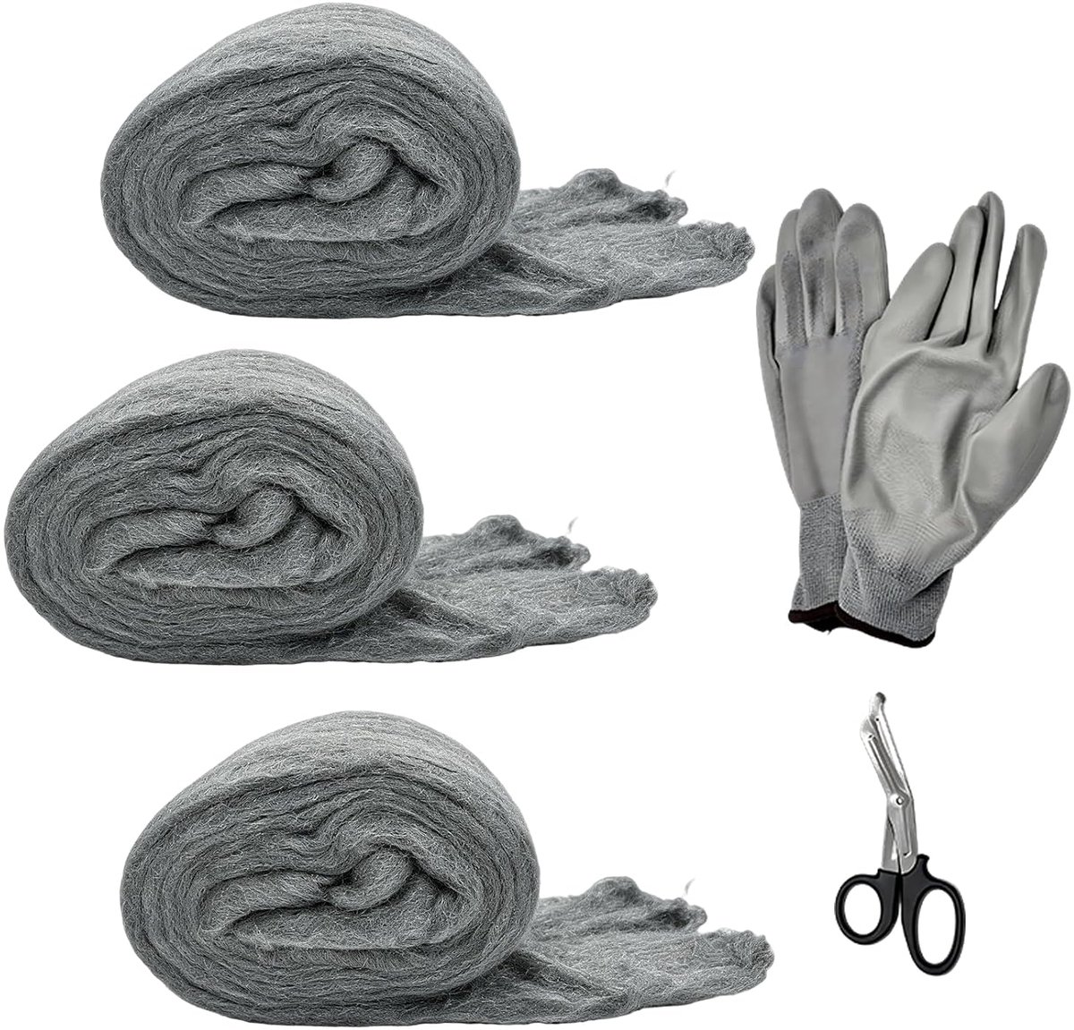 Staalwol 0000, 15 m ijzeren rietje, met handschoenen, schaar, voor antischuren, reinigen, polijsten