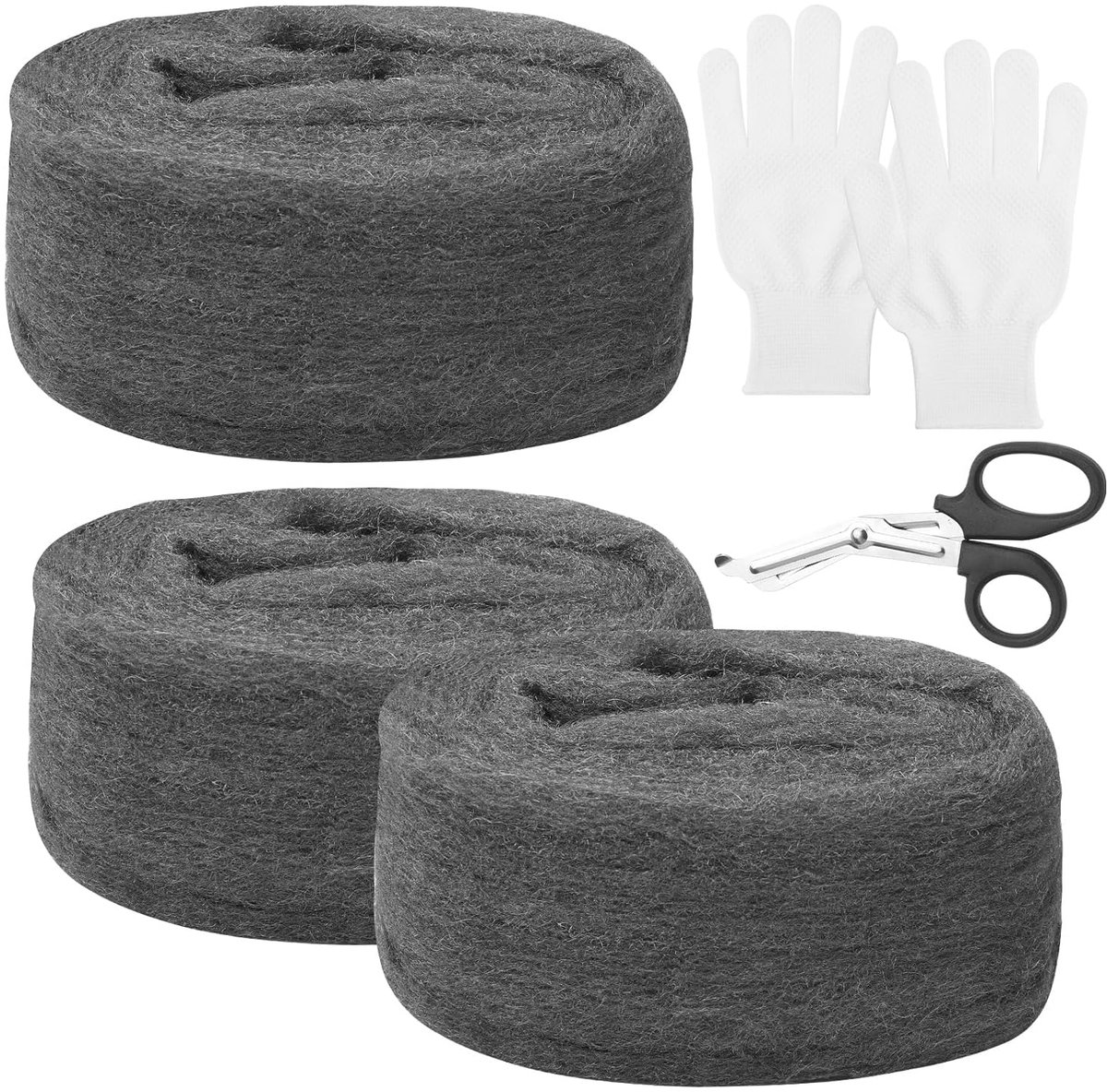 Staalwol 000 fijn met werkhandschoenen en schaar, staalwol tegen muizen voor gaten en muren, scheuren, huis, garage en tuin