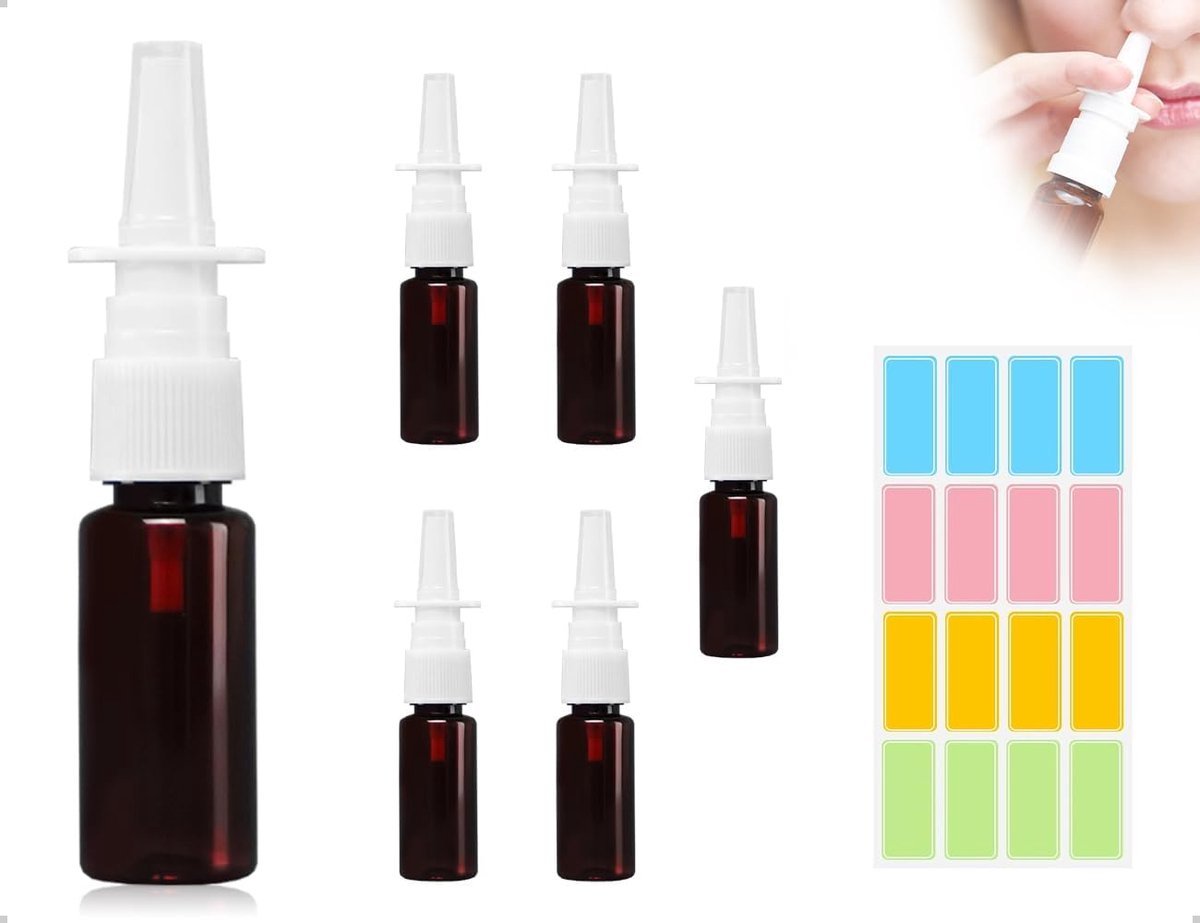 5 stuks lege spuitflessen voor de neus, herbruikbaar, met trechter en etiket, voor parfum, etherische olie, kokenzoutoplossing (bruin)