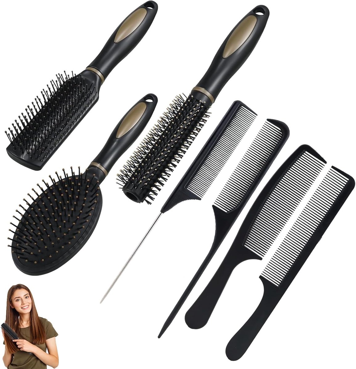 Haarborstelset, 7 stuks haarborstelset, antistatische massage, ovale kam, ronde haarborstel, ontwarringsborstel, peddelborstel voor vrouwen, mannen en kinderen, zwart
