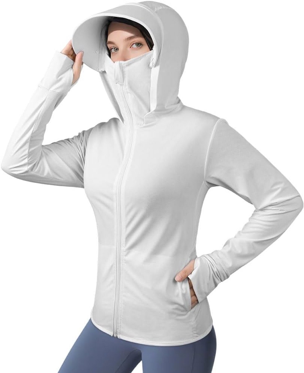 Hardloopjack voor dames, UV 50+, ademend, sportjack, lange mouwen, gymtop met zak, sportshirt met ritssluiting, sportieve zonwering met afneembare rand, voor yoga, fitness, hardlopen, joggen