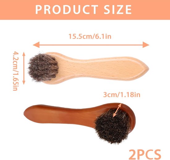 Set van 2 hoogwaardige schoenborstels van paardenhaar en beukenhout, zachte glansborstel voor leerverzorging, schoenen, tassen en meubels, ergonomische polijstborstel (15,5 cm) voor zachte reiniging — afbeelding 5
