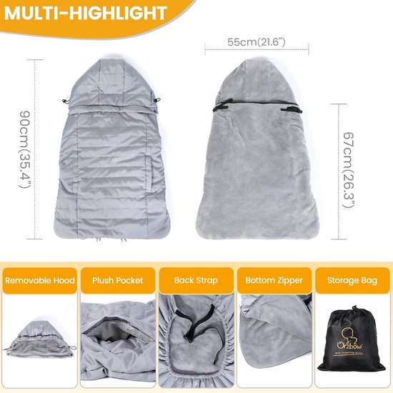 Babydragerhoes - Draagzak cover - Bescherming tegen weer - Afneembare capuchon - 277 x 216 x 72 cm - Lichtgrijs — afbeelding 4