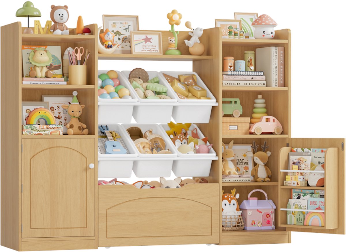 Kinderen Boekenkast – Voor Kinderkamer – Met 15 Planken, 6 Opbergboxen & 1 Lade – Wit 140x33x108,2 cm