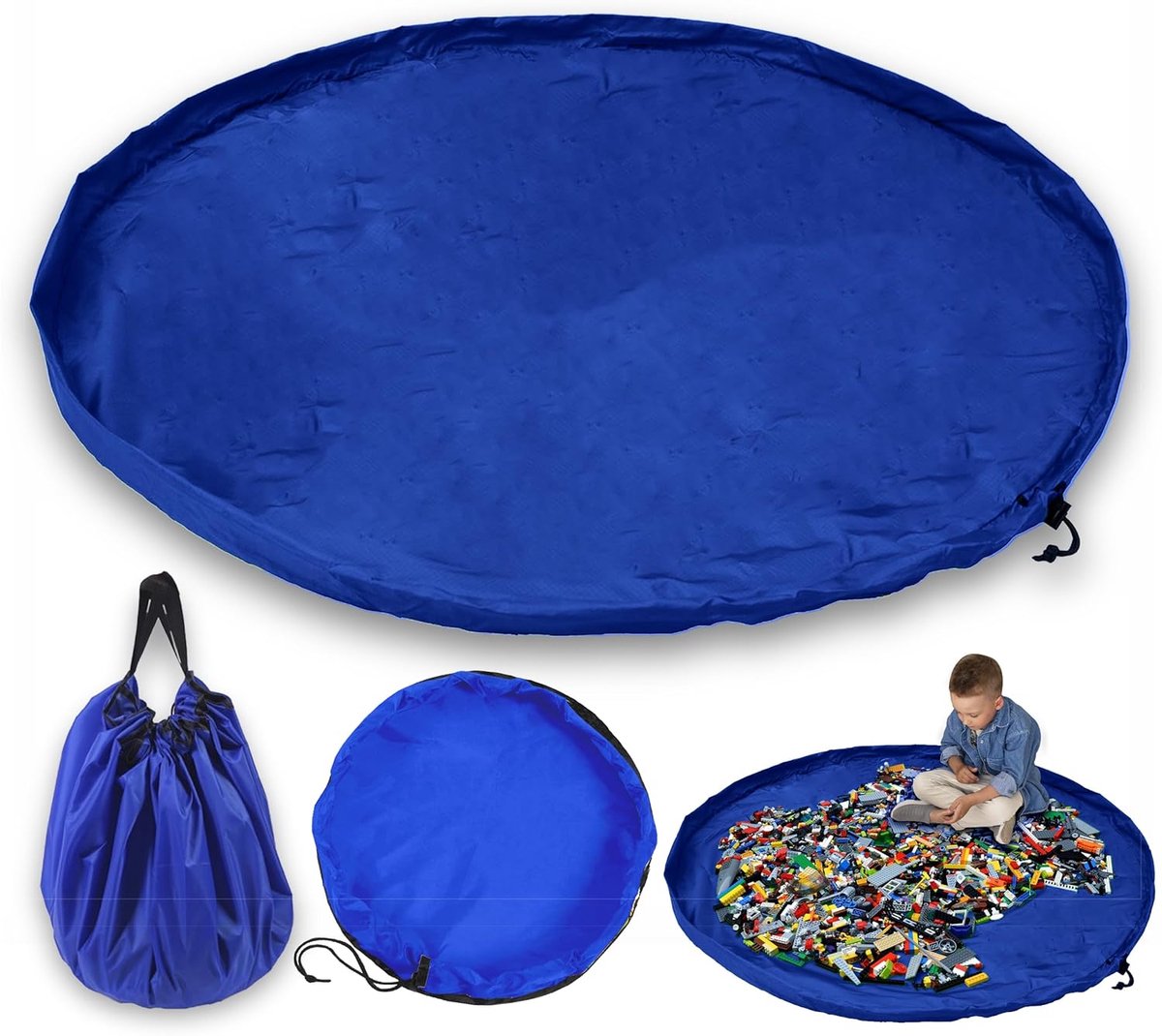 SnelShoppen - Opbergzak voor Kinderen XL 150 cm - Blauwe Speeldeken met Trekkoord - Opvouwbare Speelgoedopslag voor Kinderkamer - Snelle Reinigen en O