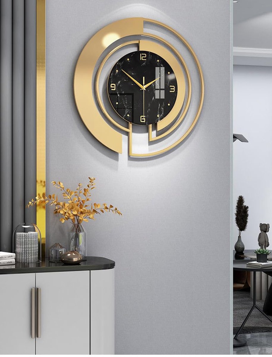SnelShoppen - Grote Zwarte en Gouden Wandklok 45cm - Luxe Stille Decoratieve Klok voor Woonkamer, Keuken, en Slaapkamer
