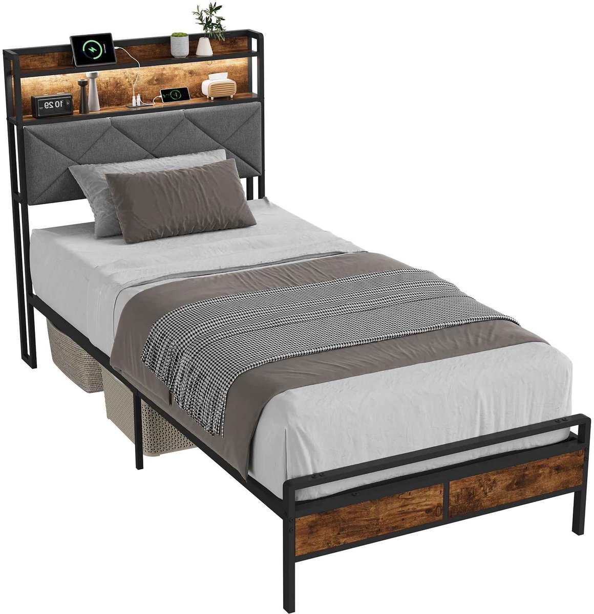 CORE Metalen Bed - Eenpersoonsbed met LED Verlichting - Kinderbed en Jeugdbed met Opberghoofdbord - Stevige Metalen Lattenbodem - Modern Bedframe voor Volwassenen, Tieners en Kinderen - 90x200x108cm - Zwart