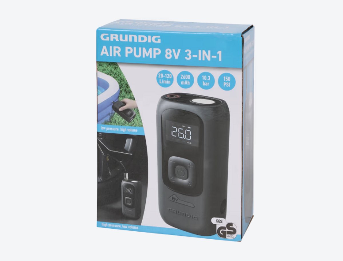 Grundig 3-in-1 Draadloze Luchtpomp & Compressor – 10.3 Bar – Krachtige 2600 mAh Accu – Digitaal Display – Automatische Stop – Inclusief 6 Opzetstukken