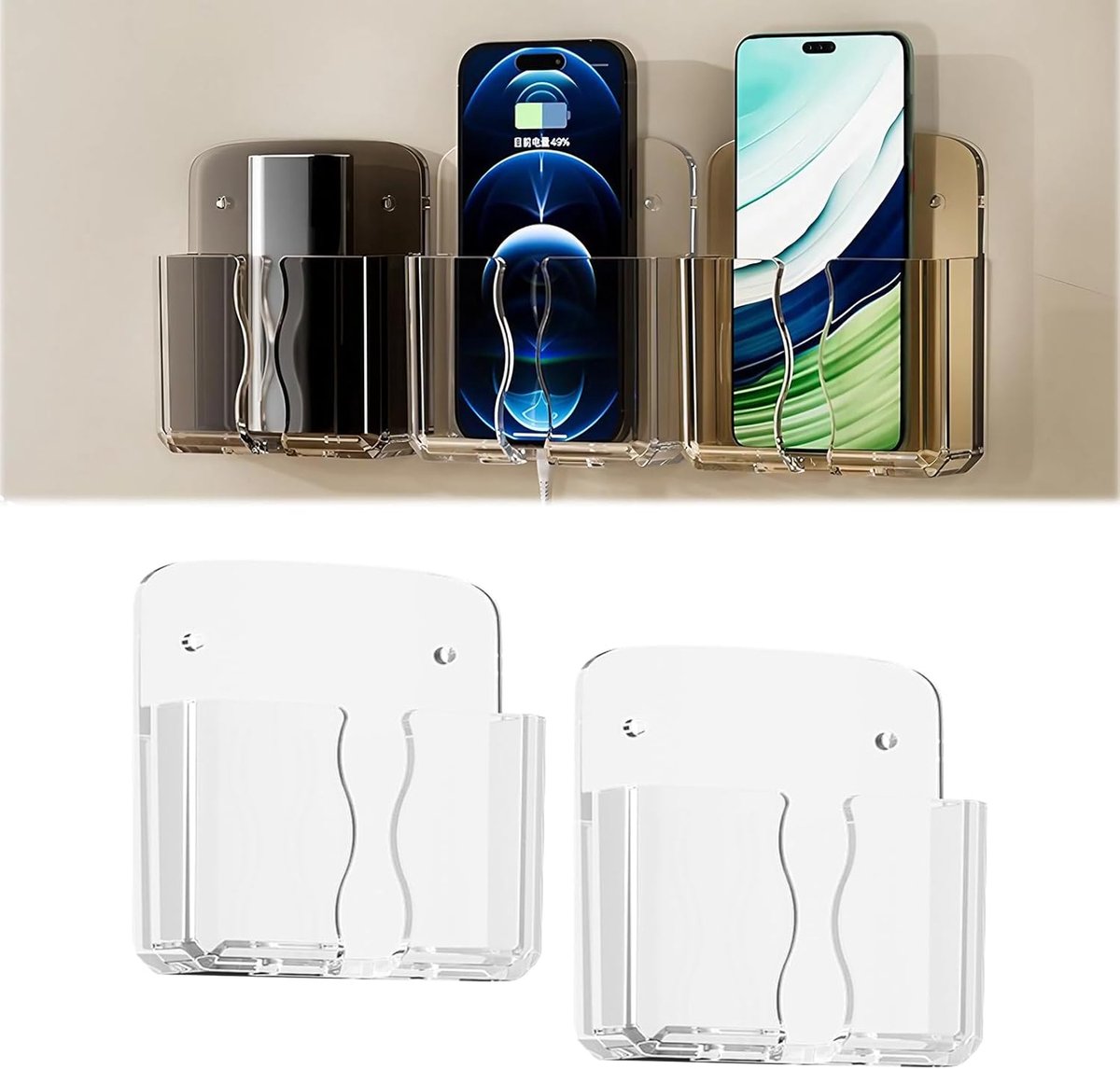 SnelShoppen - 2 Stuks Mobiele Telefoon Wandbeugel - Transparante Smartphone Houder - Ideaal voor Slaapkamer, Badkamer en Keuken - Eenvoudig te Install