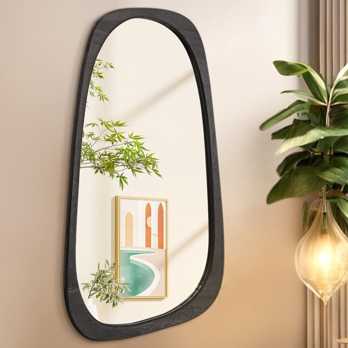 Grote Irregulaire Wandspiegel 70 x 40 cm, Zwarte Asymmetrische Hangspiegel met Modern Houten Frame voor Badkamer, Slaapkamer en Woonkamer