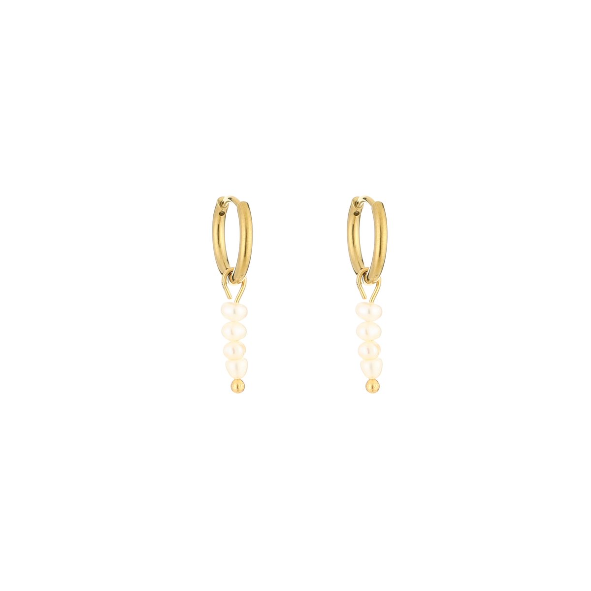 Stainless Steel Huggie Hoops with Freshwater Pearl Strand Drop – Luxe Huggie Oorringen met Zoetwaterparel Strengetje – RVS - Goud