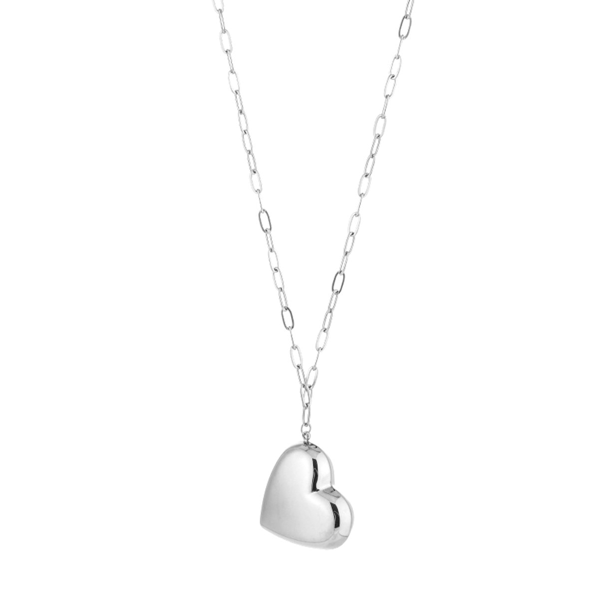 Lange Ketting Dames 80+5 cm - Roestvrij Staal (RVS) - Met Groot Bol Hart Hanger - Lange Schakelketting / Hartjes Ketting - Sieraden Cadeau Vrouw - Zilver