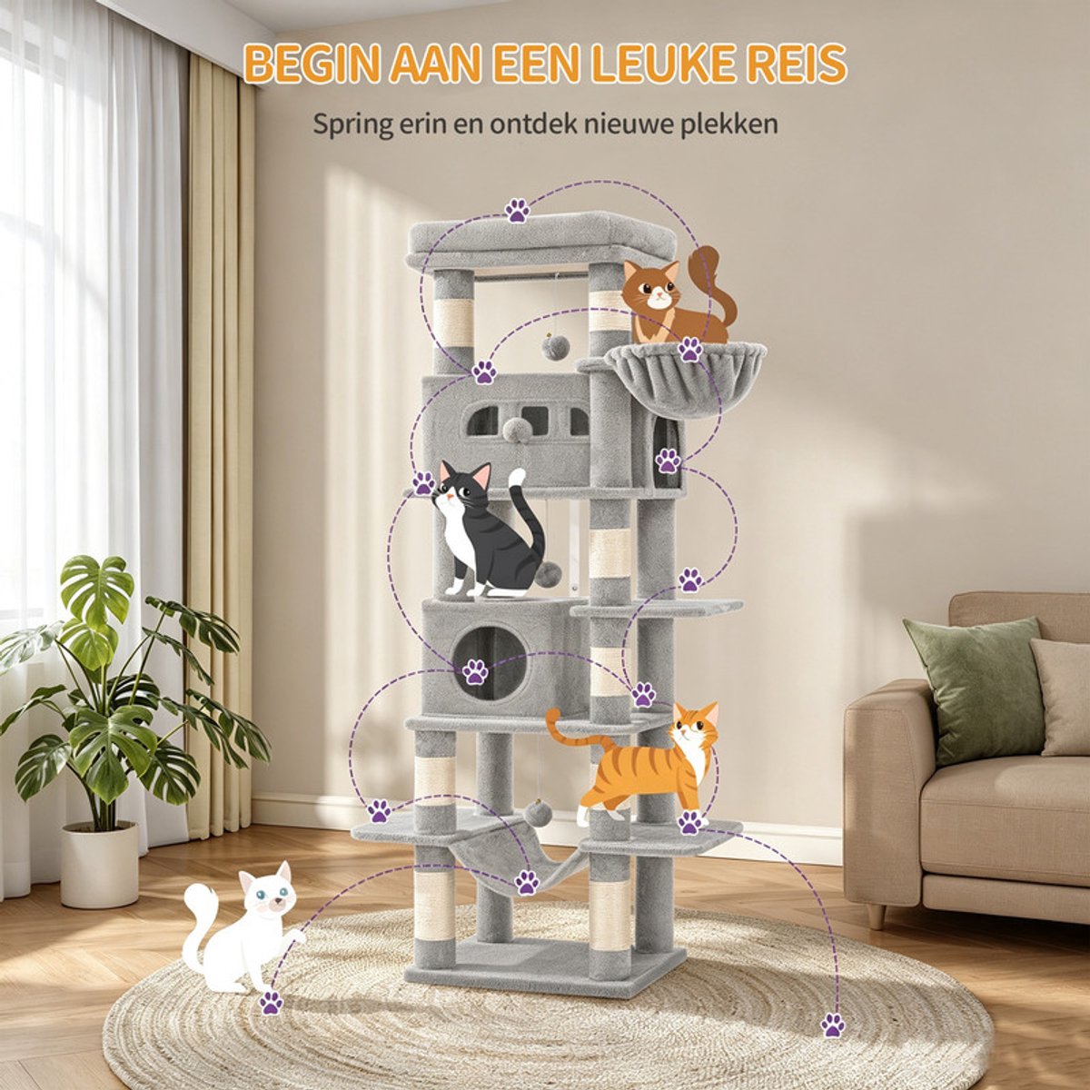 Hzuaneri Krabpaal groot, 170 cm, kattentoren voor maine-kat, grote kat, meerlaagse krabpaal met grote zitstang, wasbare mat, kattenhuismeubel met 2 holletjes, 8 krabbomen, Lichtgrijs thumbnail 5