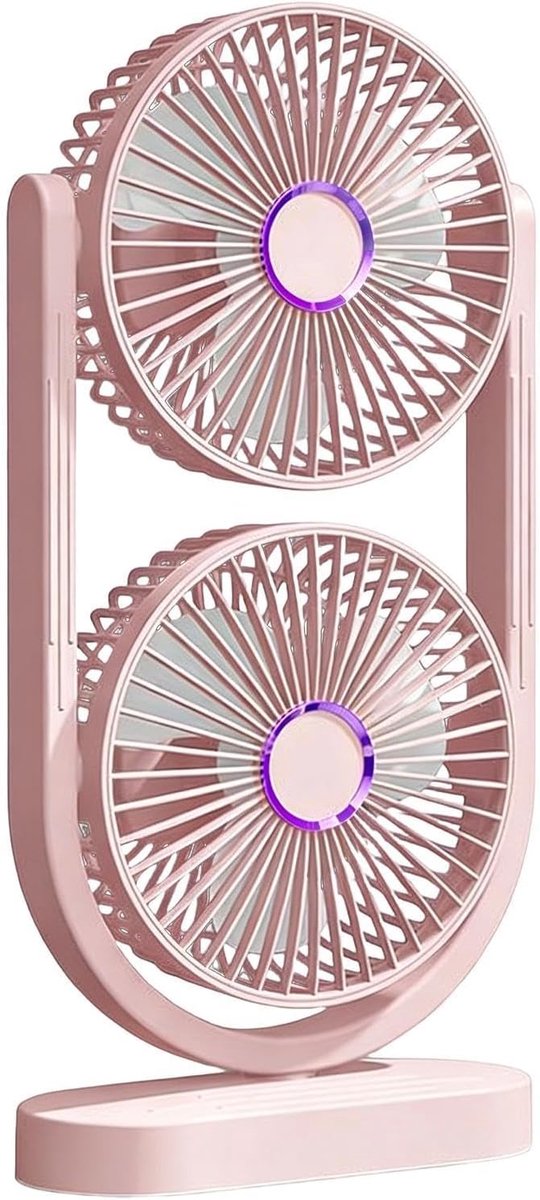 Dubbelkopse torenventilator, oscillerende oplaadbare bureauvantilator met 3 snelheden, draagbare USB tafelventilator voor persoonlijke verkoeling in de zomer （roze）