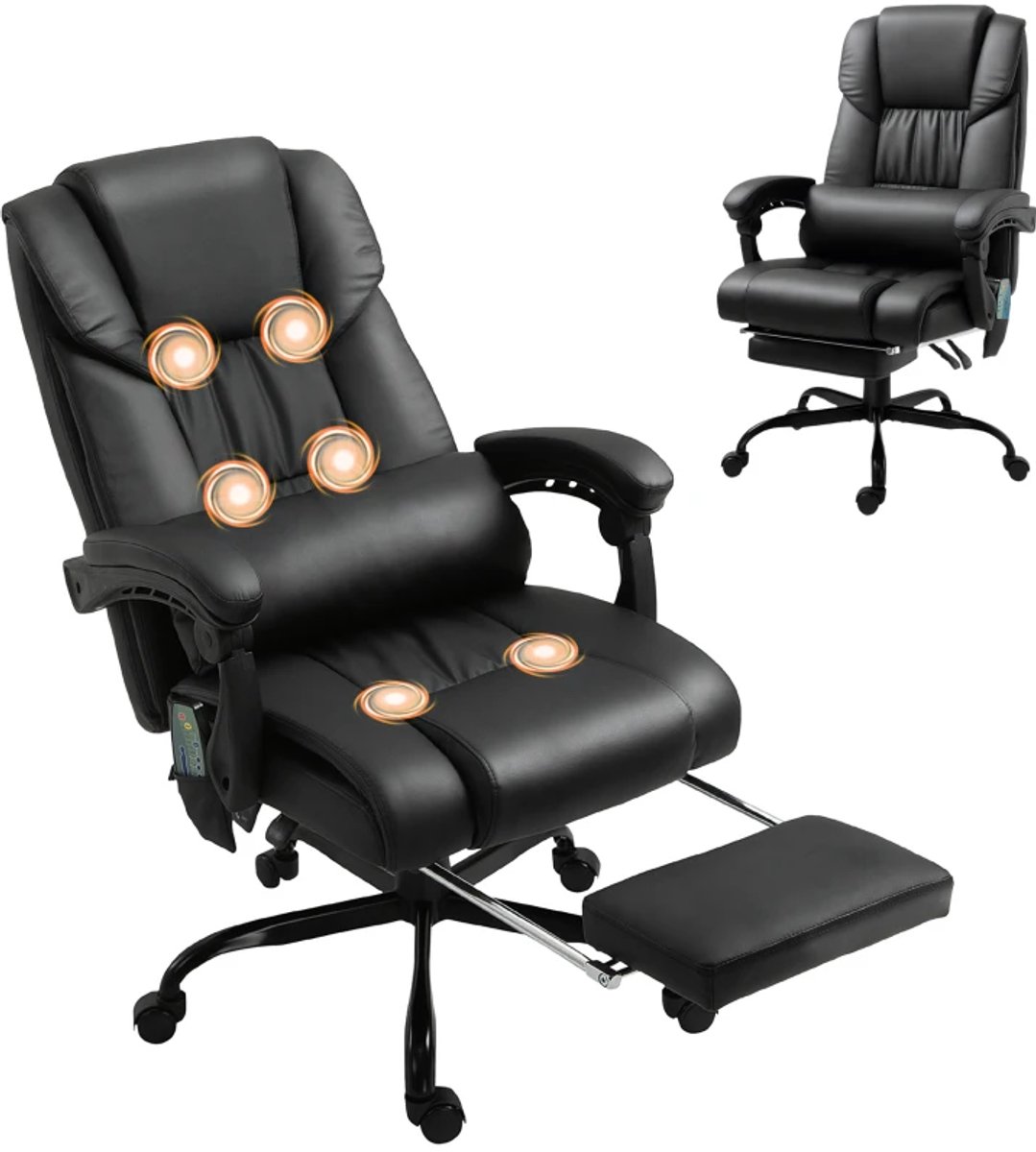 Ergonomische Bureaustoel met Massagefunctie - met Voetensteun, Hoge rugleuning & Lendensteun - In Hoogte Verstelbaar - Max. kanteling 130° - Draaibaar - Kantoorstoel - Gamestoel - Volwassenen Stoel - Computerstoel - Zwart
