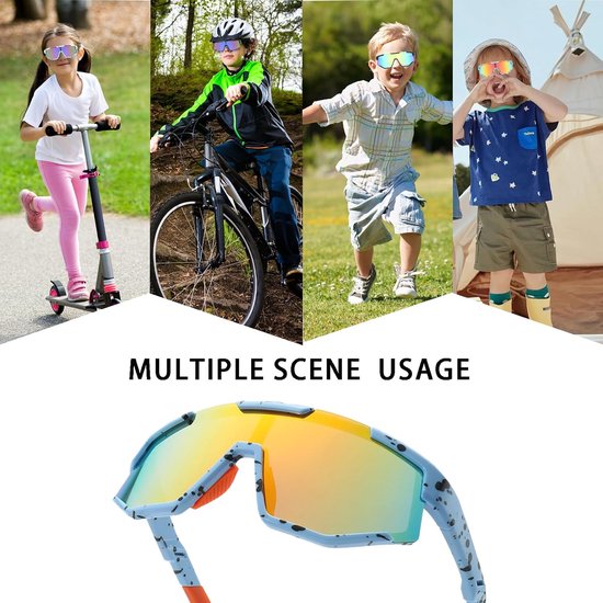 Lichtgewicht fietsbril, geschikt voor tieners, gepolariseerde lenzen, geschikt voor fietsen, tennis, rugby, hardlopen en andere sporten en buitenactiviteiten, UV400-bescherming (lichtblauw montuur, oranje pootjes). — afbeelding 4