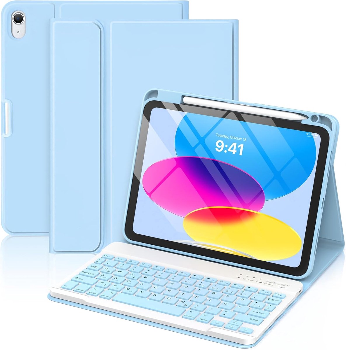 Toetsenbordhoes voor iPad A16 11 generatie 11 inch 2025/10 generatie 10,9 inch 2022, beschermhoes met potloodhouder, QWERTZ Duits verwijderbaar draadloos toetsenbord (Blauw)