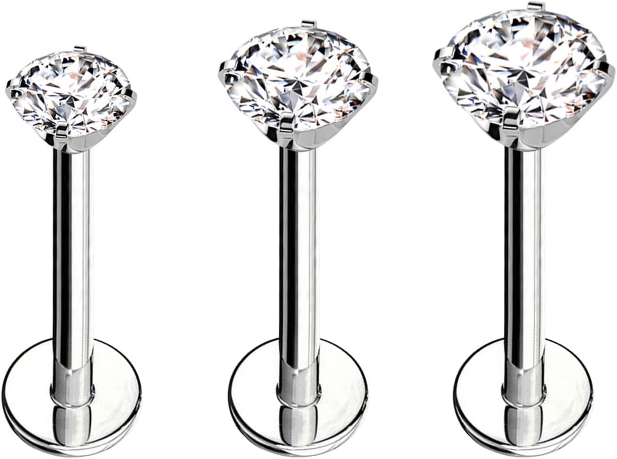Labret Piercing 3 stuks voor Lip, Tragus, Helix en Oorkraakbeen, Stud van 316L Chirurgisch Staal, 16G (1,2 mm), Balletje van 2,5 mm/3 mm/4 mm, Bodypiercing Sieraden